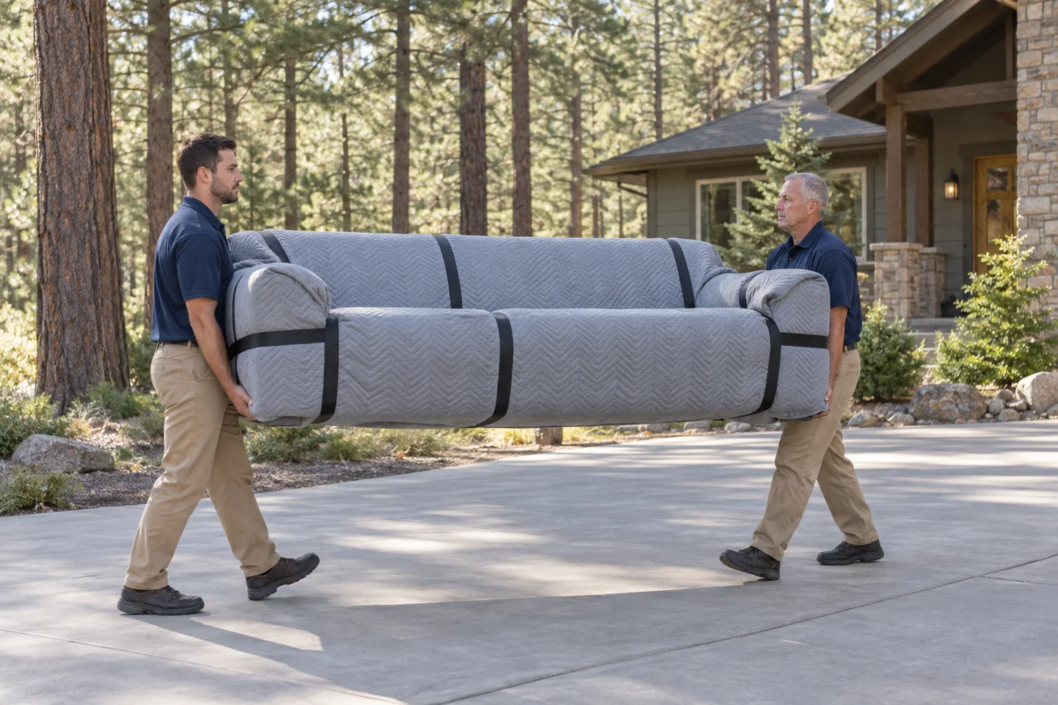 Two movers carrying a wrapped sofa beside pine trees