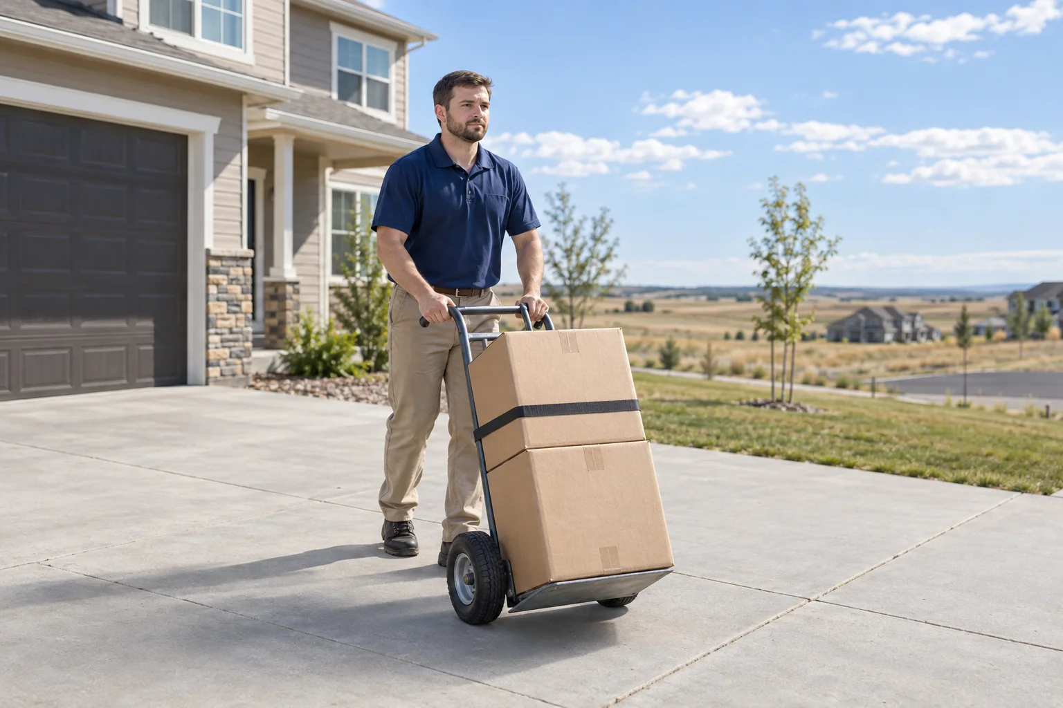 Mover pushing strapped boxes on a hand truck