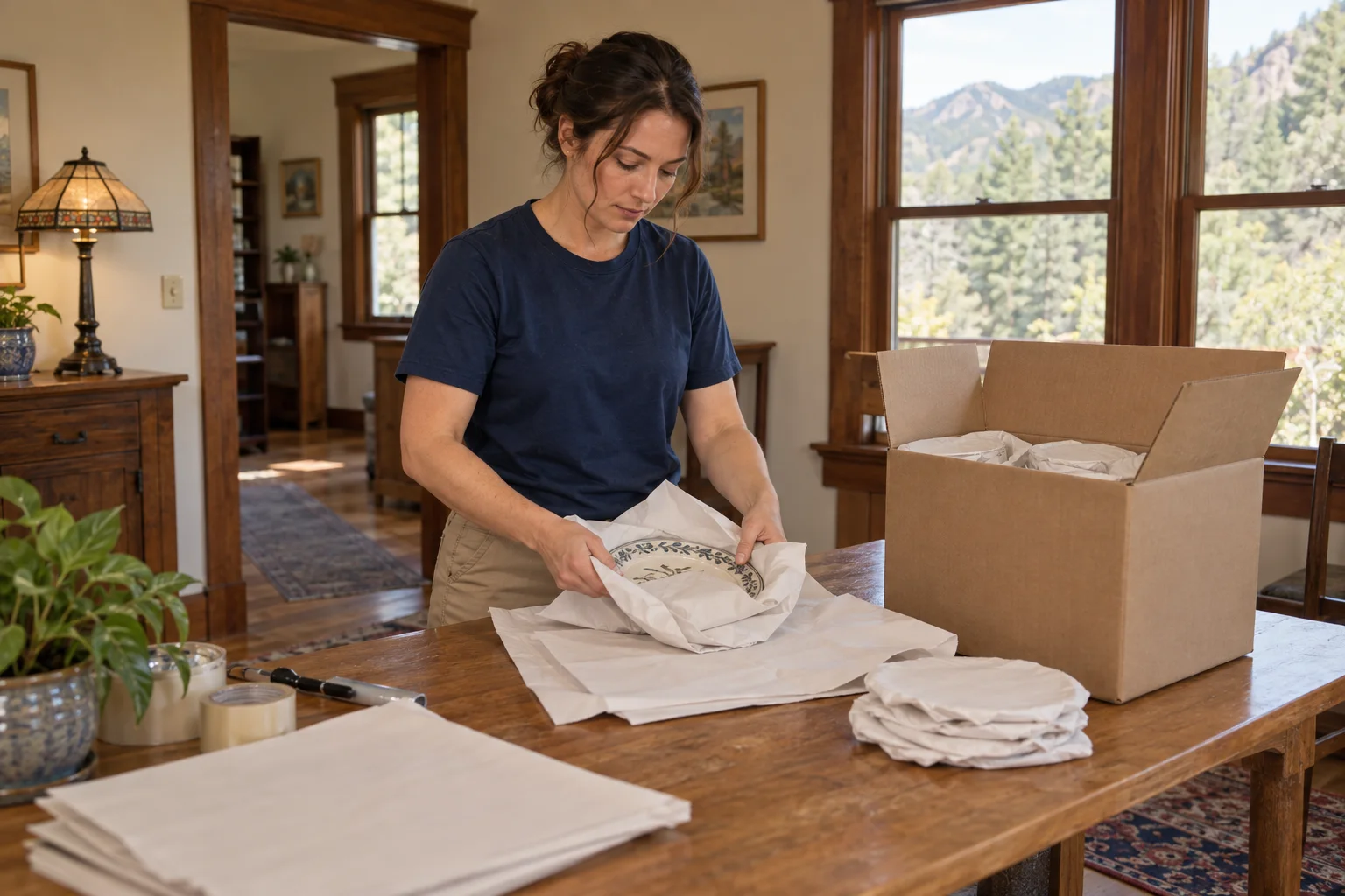 Packer wrapping a plate at a table beside a box