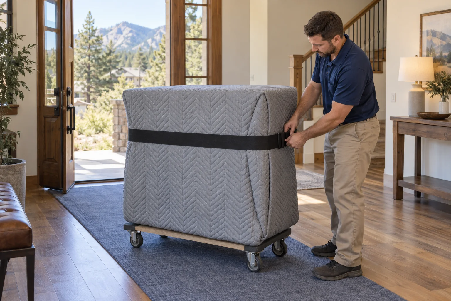 Mover securing a blanket around furniture on a dolly
