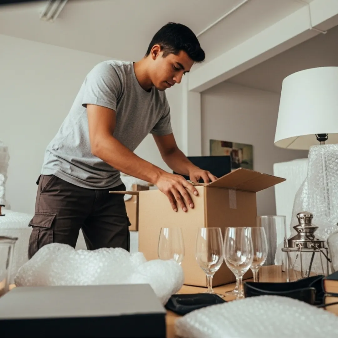 Professional mover carefully packing fragile household items