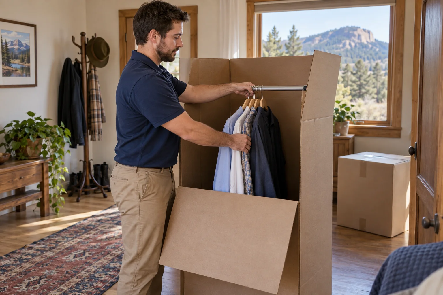 Mover placing hanging clothes in a wardrobe box