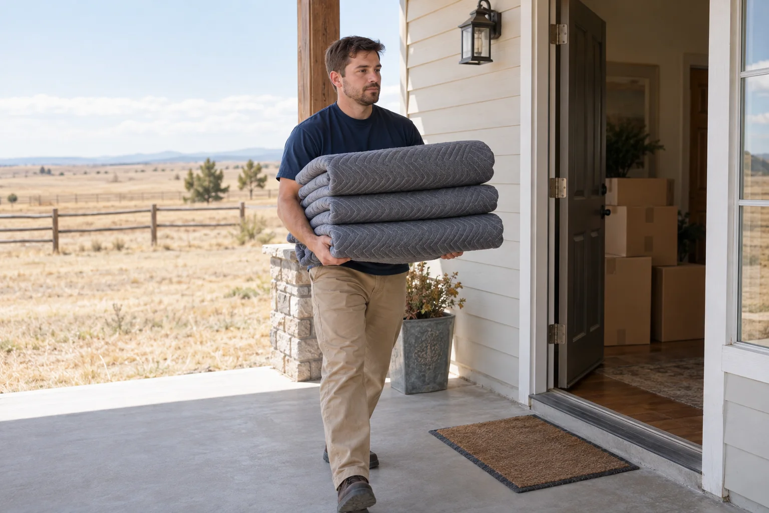 Mover carrying folded moving blankets to a doorway