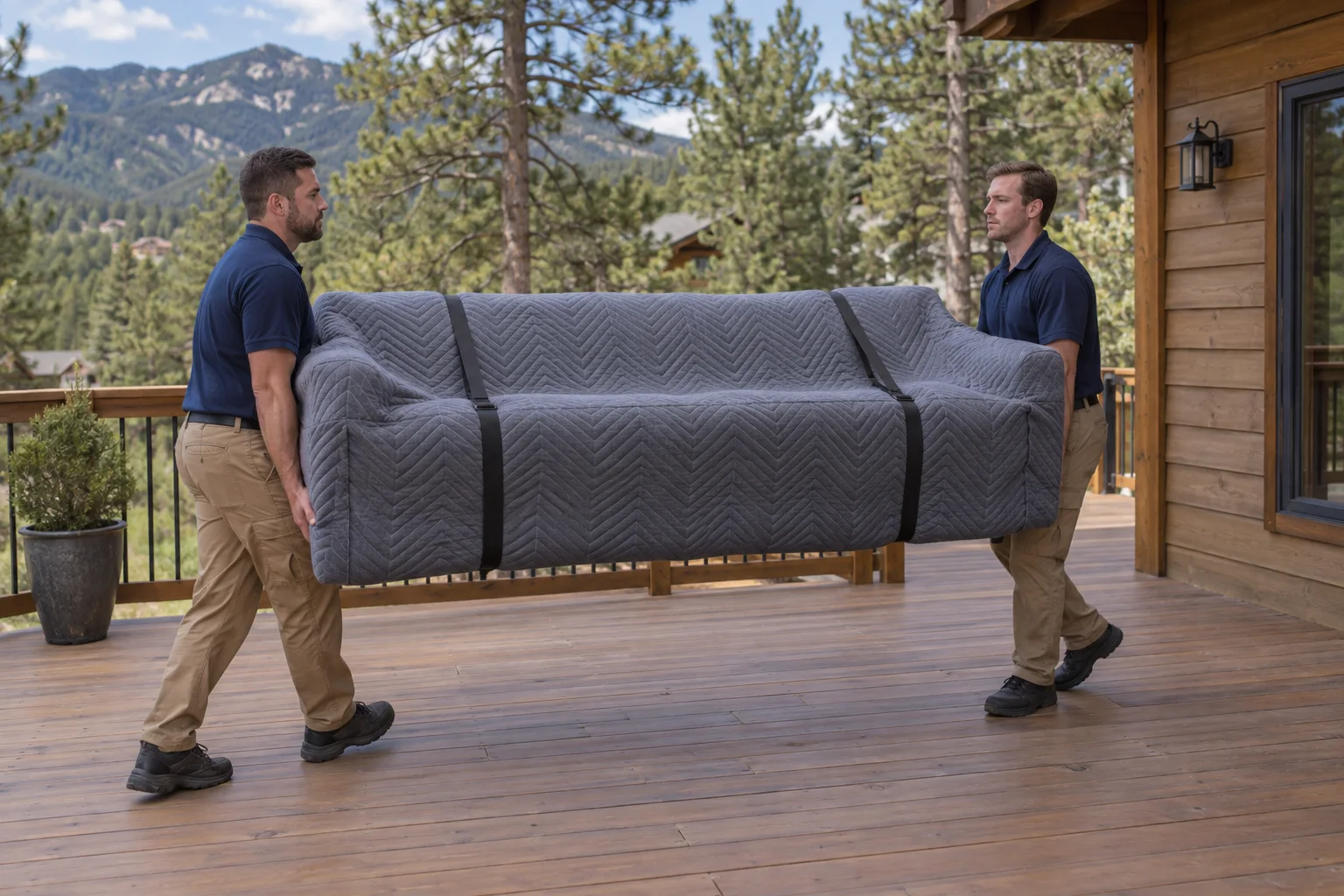 Two movers carrying a wrapped sofa on a wooden deck